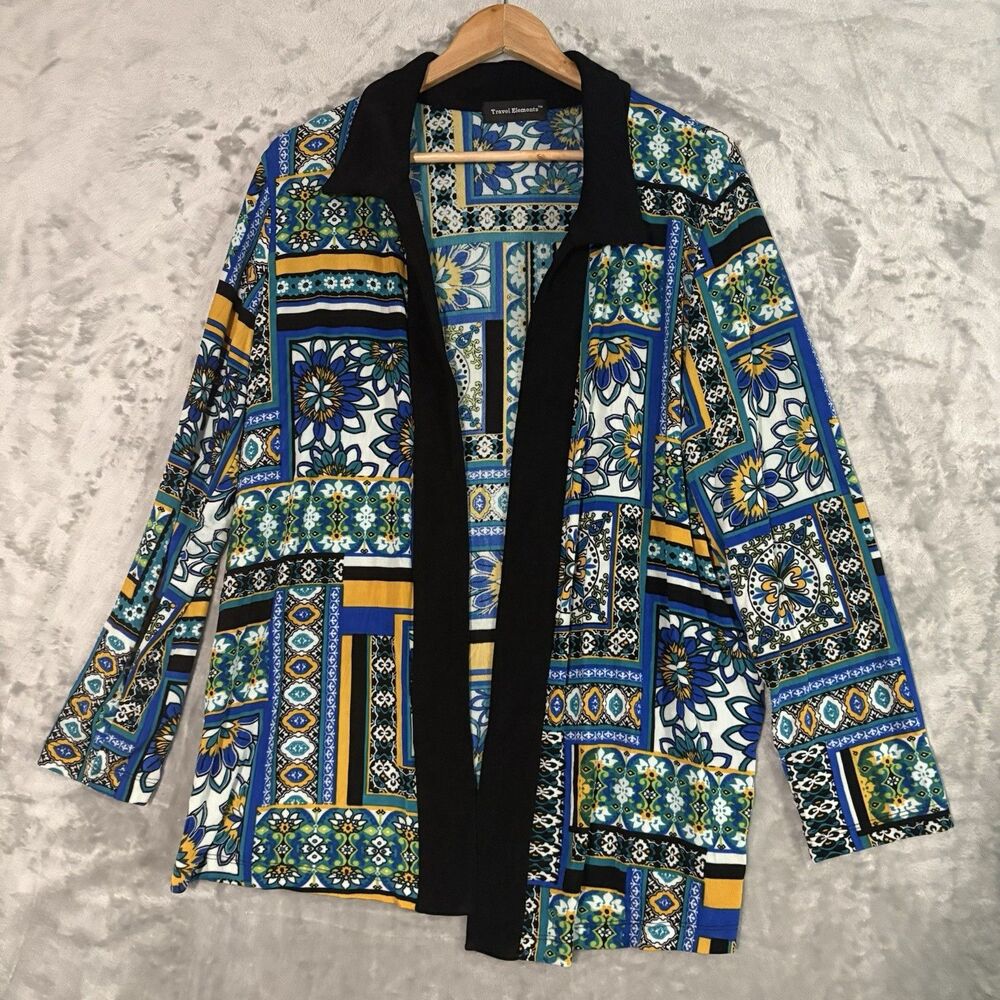 Travel Elements Cardigan 1X Multicolor Patchwork Boho Open Front Jacket Retro